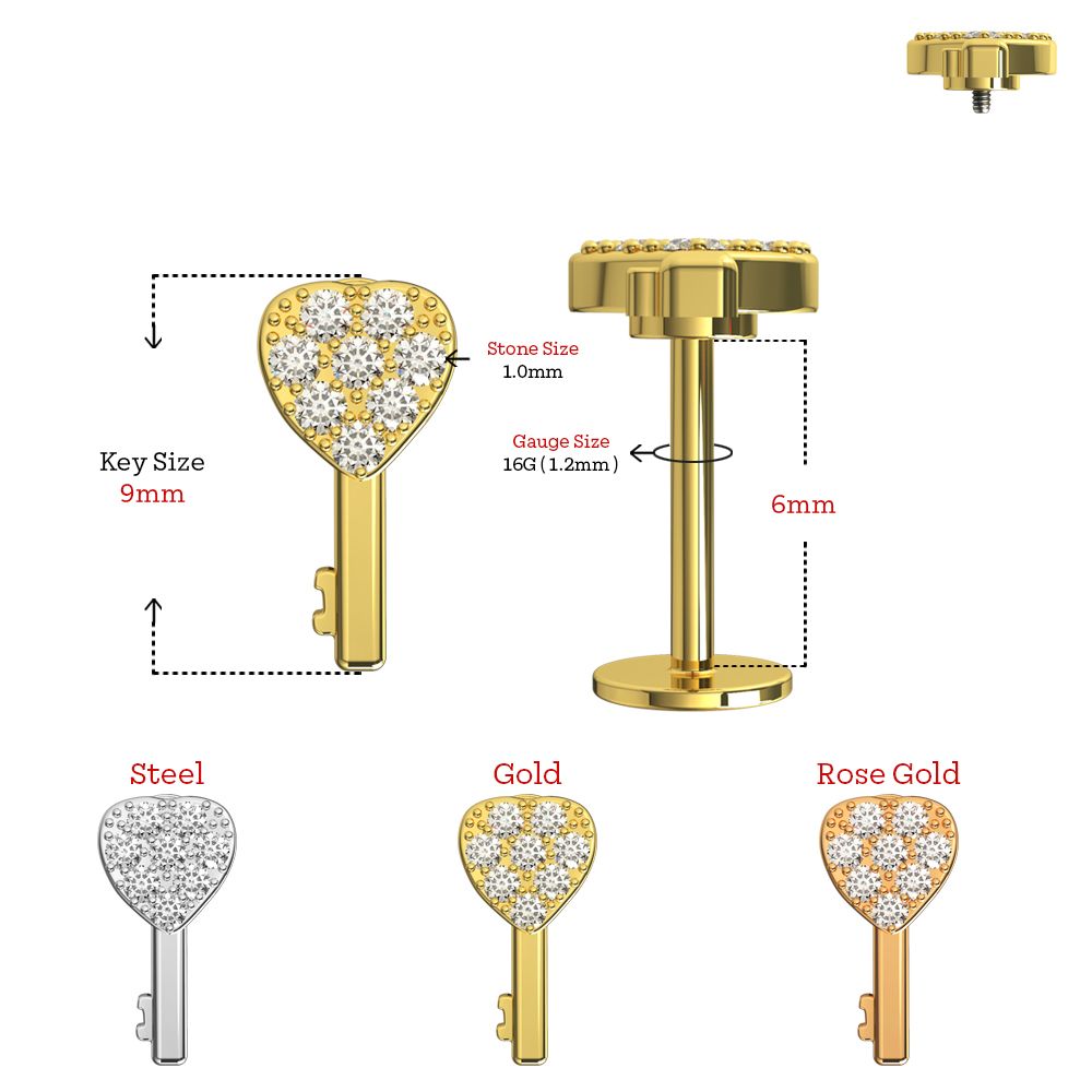 316L Surgical Steel Micro CZ Jewelled Key Flatback Stud