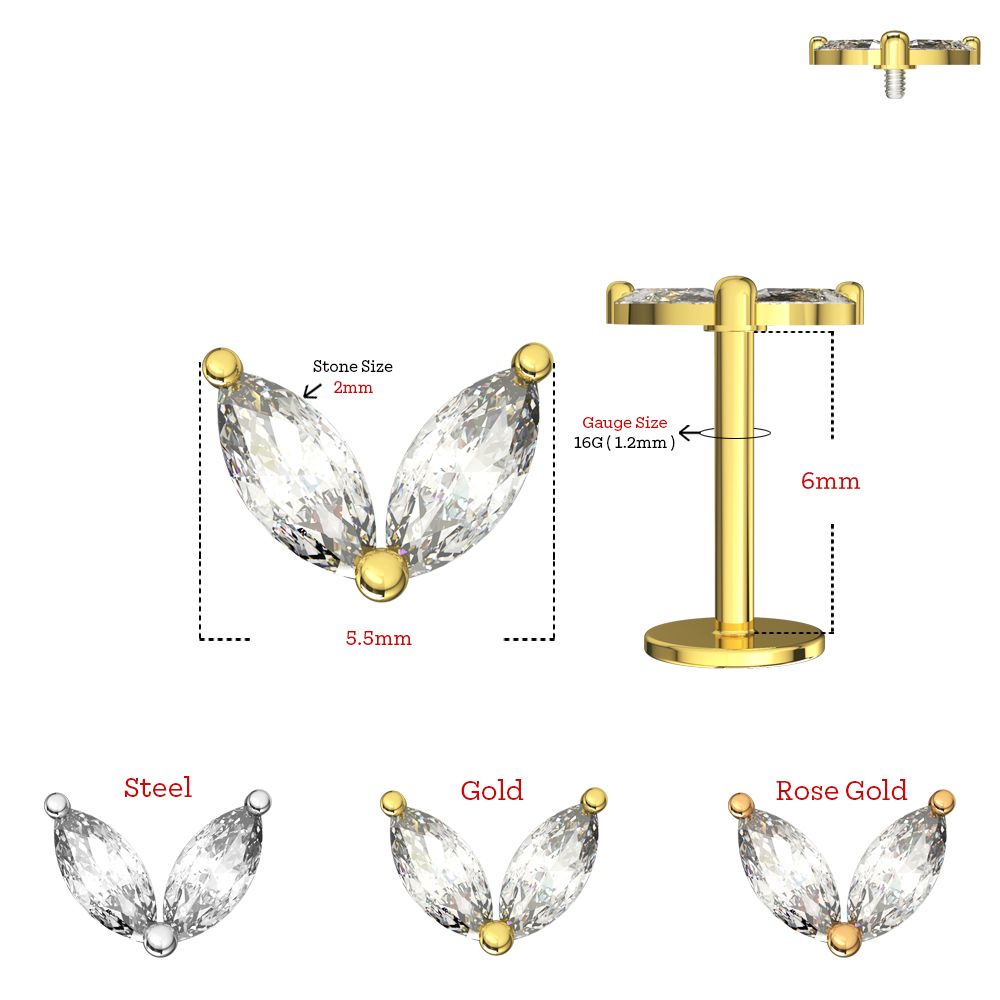 316L Surgical Steel Double Marquise CZ Jewelled Internally Threaded Flatback Stud