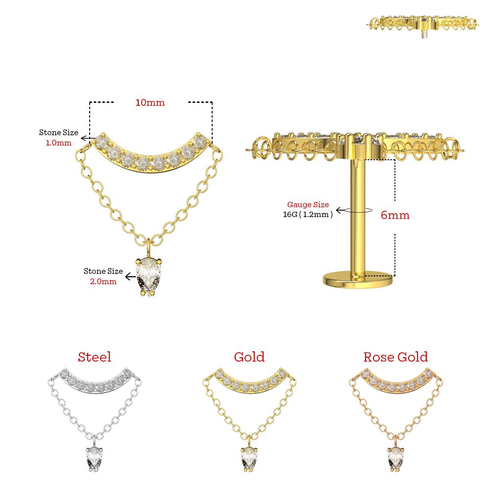 316L Surgical Steel Chain with Pear CZ Dangle Hidden Helix Flatback Stud