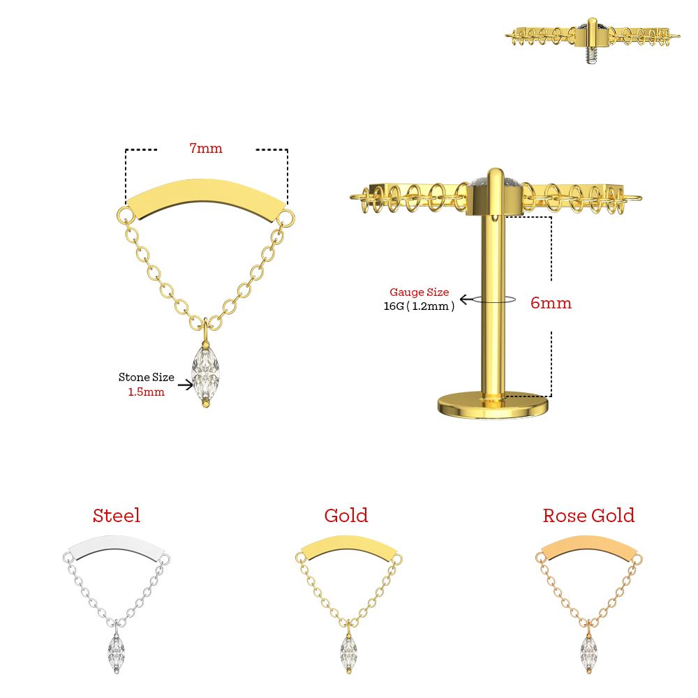 316L Surgical Steel Chain with Marquise CZ Dangle Hidden Helix Flatback Stud