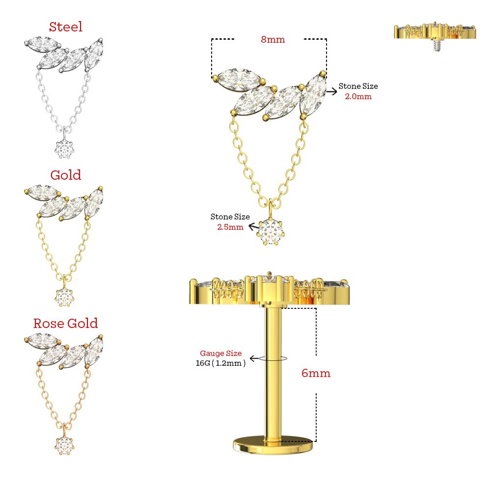 316L Surgical Steel 4 Marquise Jewelled Chain With Round CZ Dangle Hidden Helix Flatback Stud