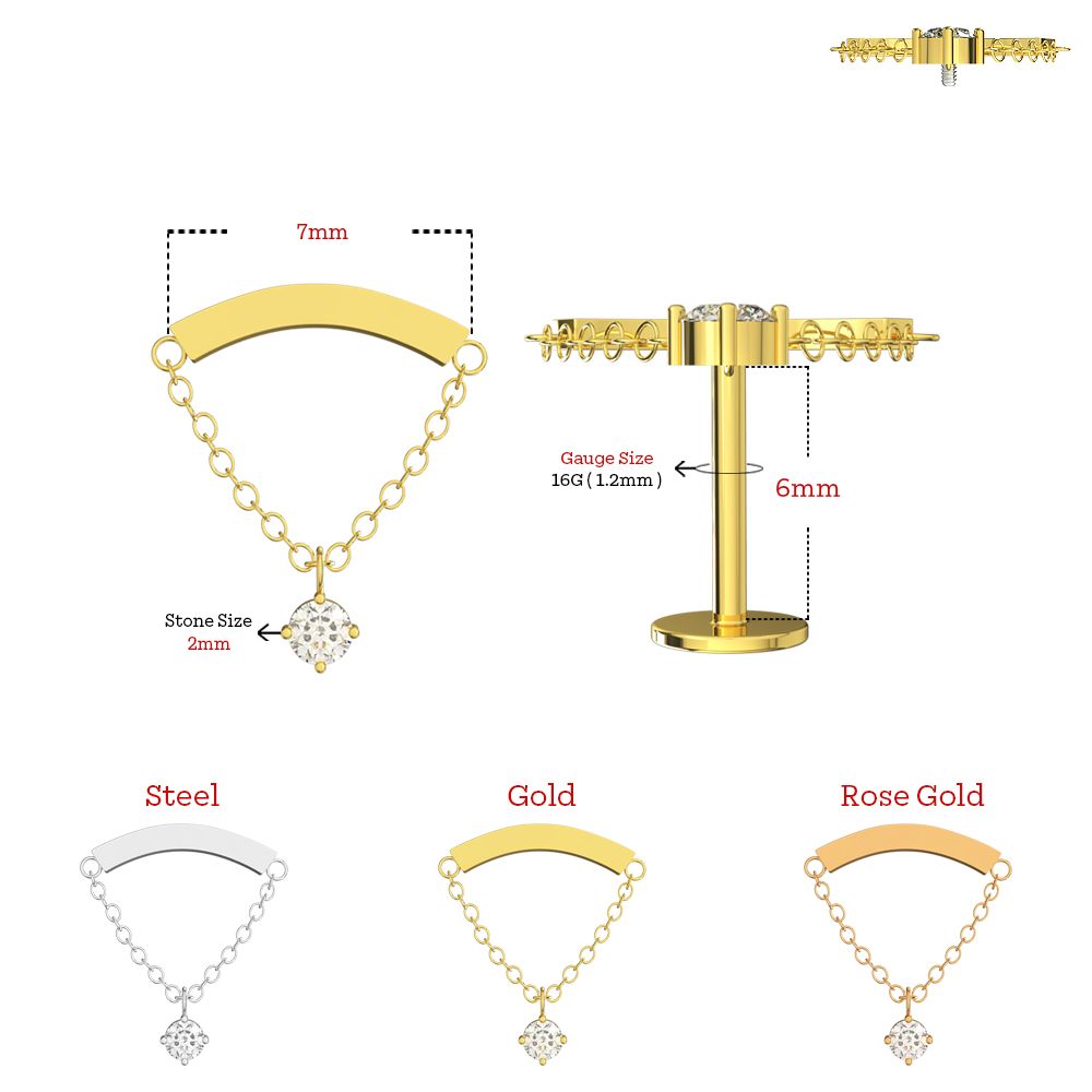 316L Surgical Steel Chain with Round CZ Dangle Hidden Helix Flatback Stud