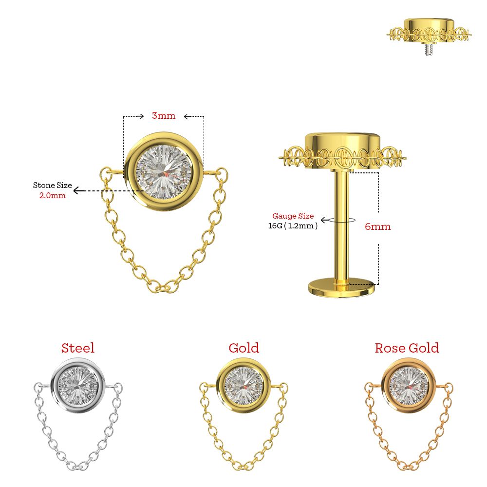 316L Surgical Steel Bezel SetJewelled Round CZ Dangling Chain Hidden Helix Flatback Stud