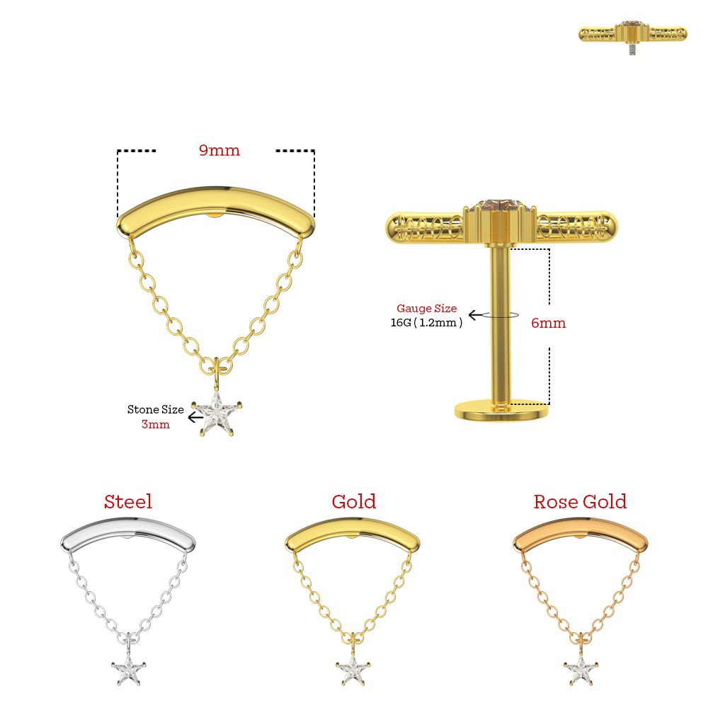 316L Surgical Steel Chain with Star CZ Dangle Hidden Helix Flatback Stud