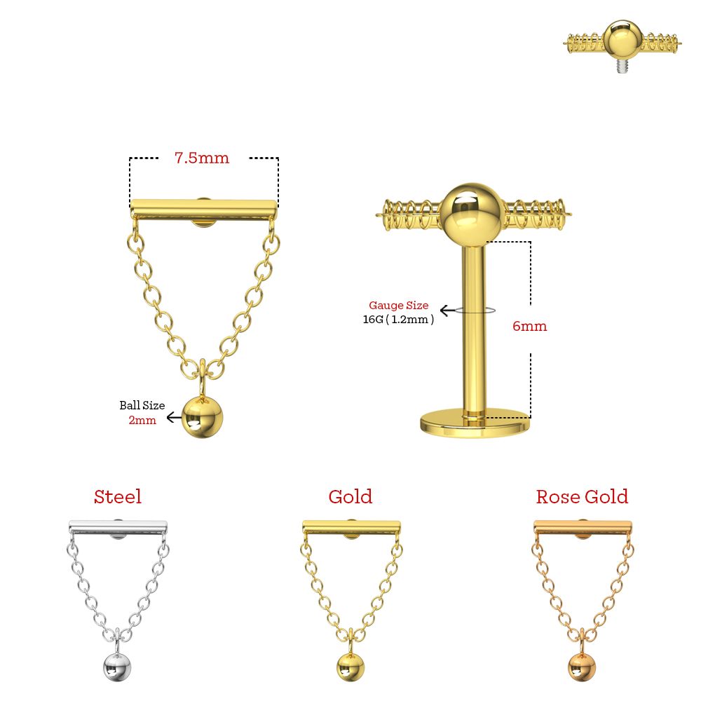316L Surgical Steel Chain with Ball Bead Dangle Hidden Helix Flatback Stud
