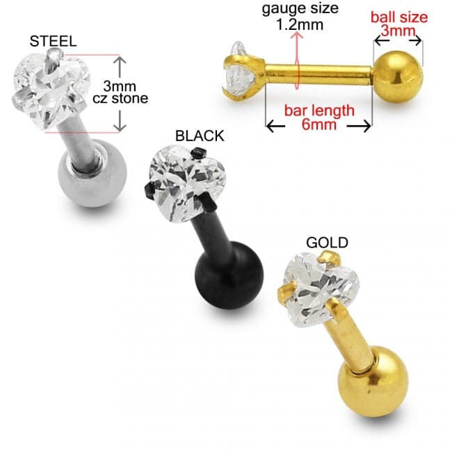 316L Tragus Bar with Clear Heart Gem Top Stud