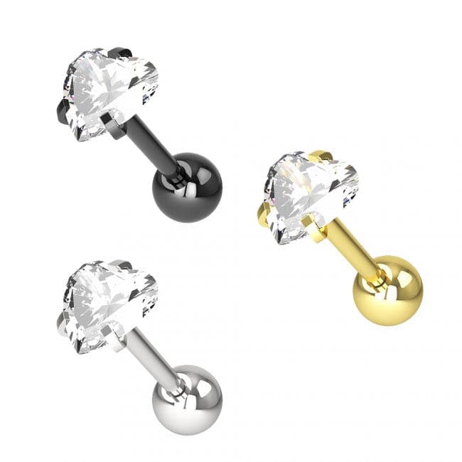 316L Tragus Bar with Clear Heart Gem Top Stud