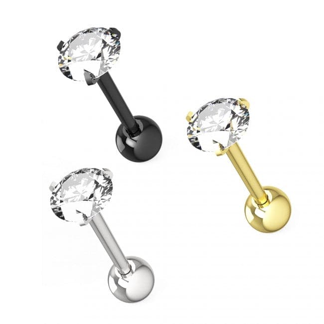 316L Surgical Steel Tragus Bar with Clear Round Gem Top Stud