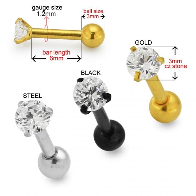 316L Surgical Steel Tragus Bar with Clear Round Gem Top Stud
