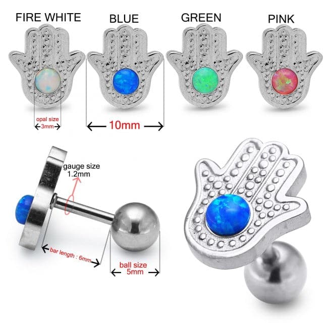 316L Surgical Steel Hamsa with Opal Stone Cartilage Ear Stud