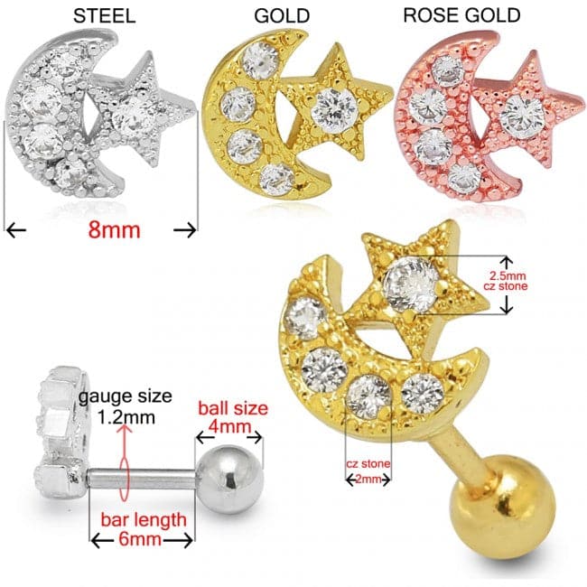 316L Surgical Steel Jewelled Crescent & Star Cartilage Ear Stud
