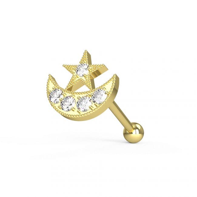 316L Surgical Steel Jewelled Crescent & Star Cartilage Ear Stud