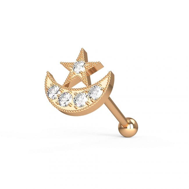 316L Surgical Steel Jewelled Crescent & Star Cartilage Ear Stud