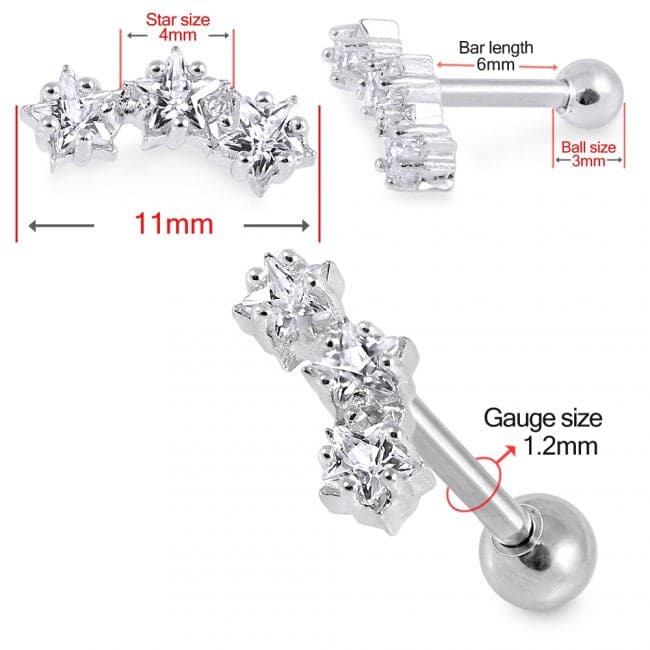 316L Surgical Steel Triple Star Clear Gem Tragus Stud