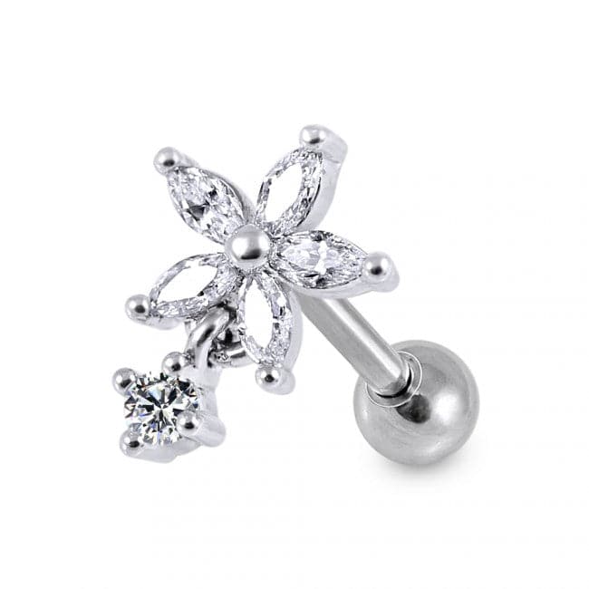 316L Surgical Steel Flower Clear Gem Top Dangling Cartilage Helix Tragus Piercing