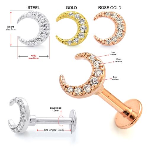 316L Surgical Steel Jewelled Crescent Moon Flatback Labret Cartilage Helix Tragus Piercing Ear Stud