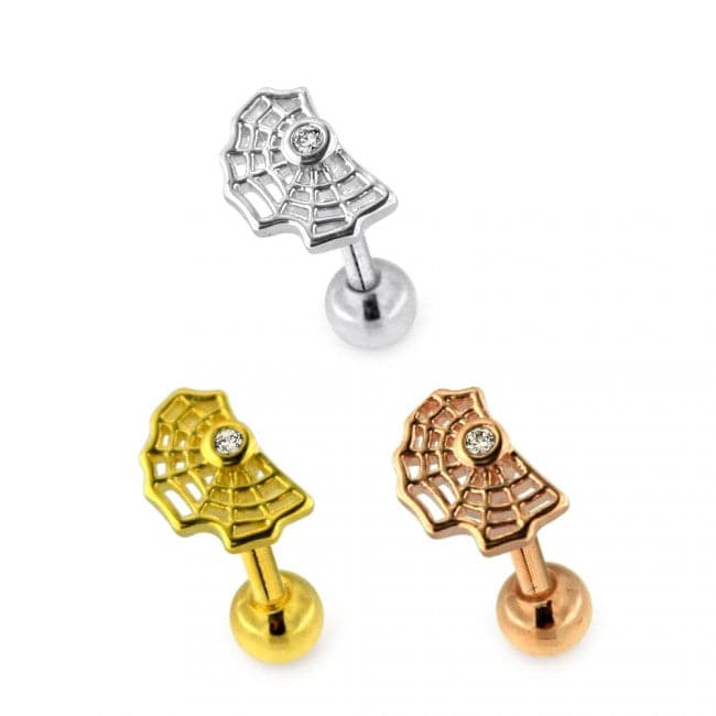 316L Surgical Steel Tiny Jewelled Spider Web Ball Back Cartilage Ear Stud