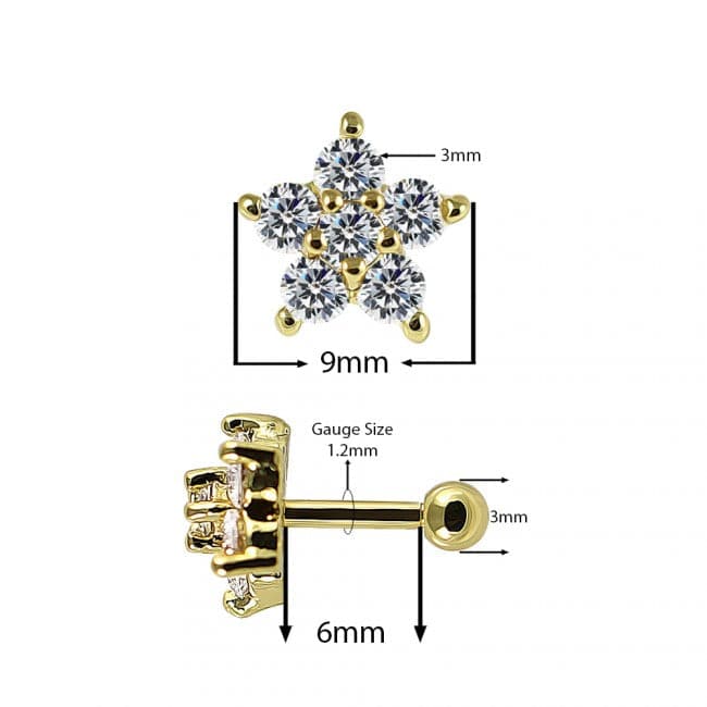 316L Surgical Steel Jewelled Pentas Flower Cartilage Ear Stud