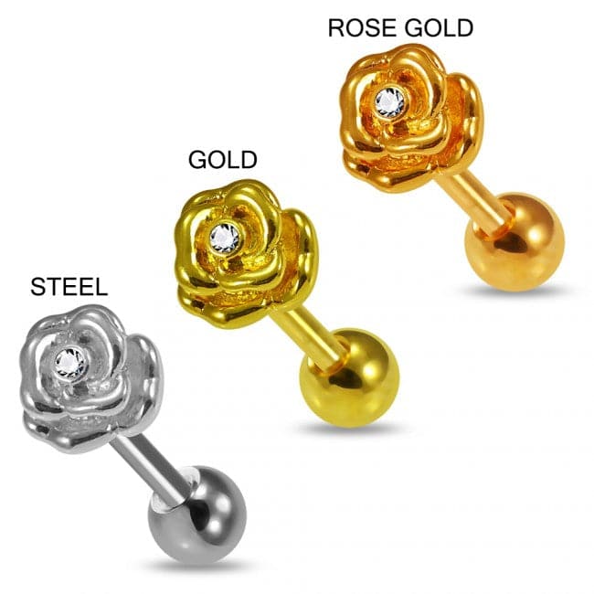 316L Surgical Steel CZ Jewelled Rose Flower Cartilage Ear Stud