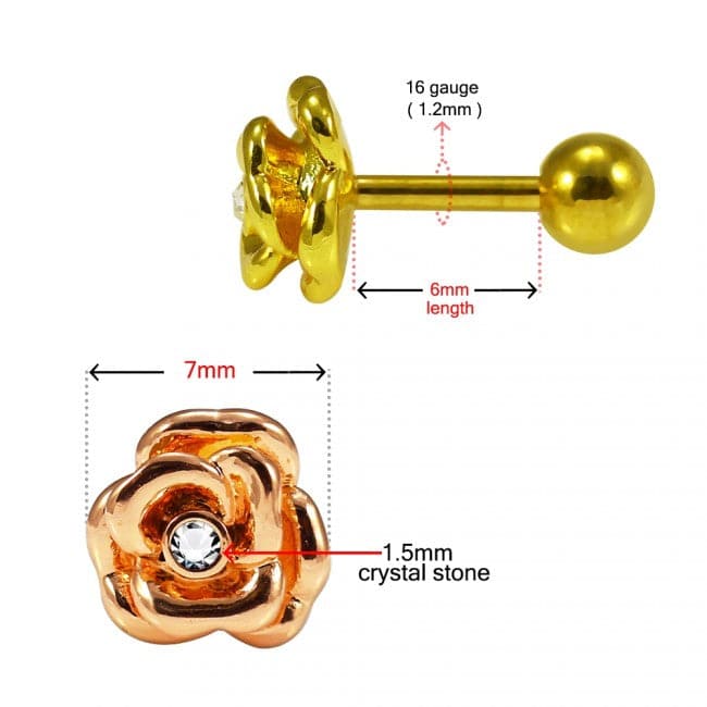 316L Surgical Steel CZ Jewelled Rose Flower Cartilage Ear Stud