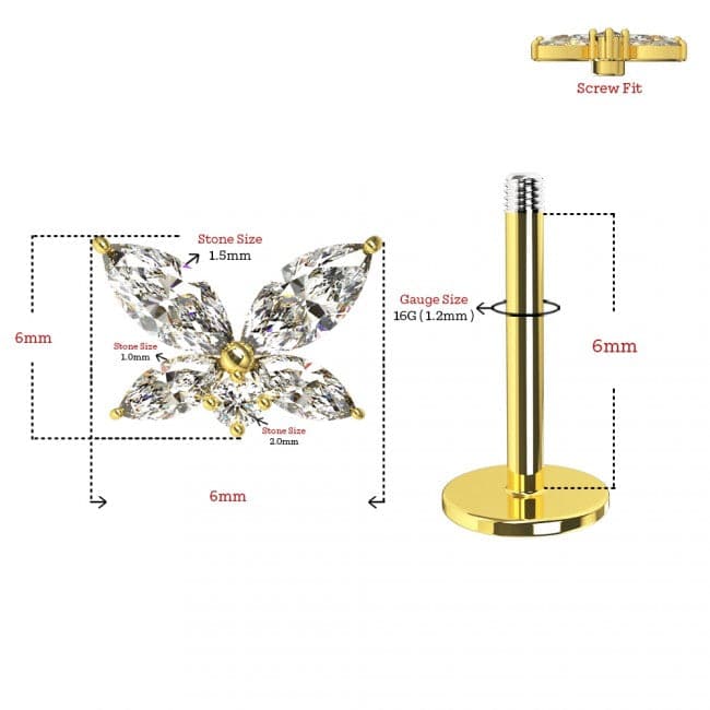 316L Surgical Steel CZ Jewelled Butterfly Cartilage Ear Stud