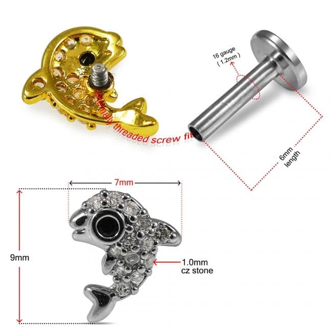 316L Surgical Steel CZ Jewelled Dolphin Internally Threaded Cartilage Stud
