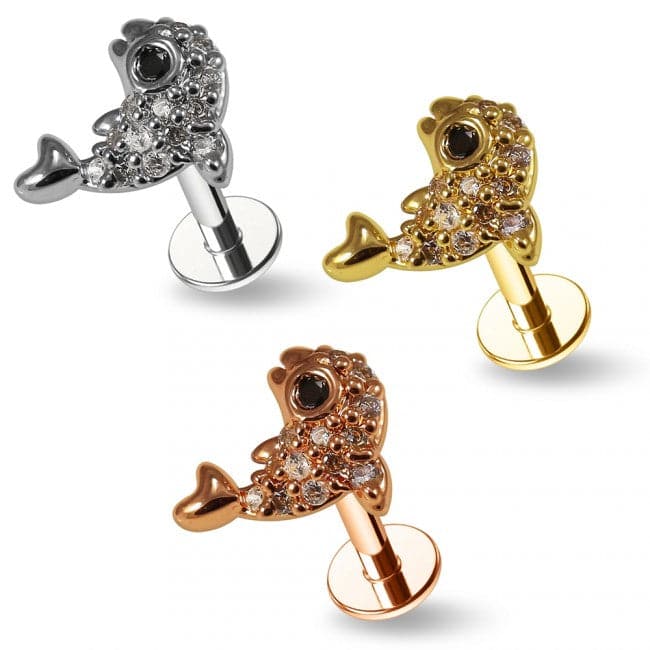 316L Surgical Steel CZ Jewelled Dolphin Internally Threaded Cartilage Stud