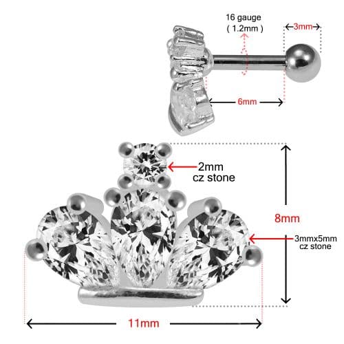925 Sterling Silver Jewelled Crown Cartilage Ear Stud