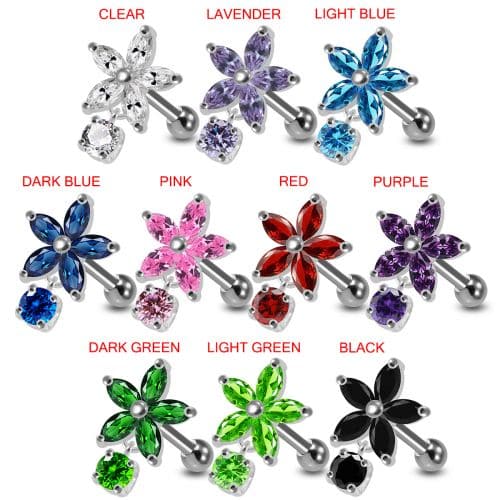 925 Sterling Silver Jewelled Flower with Hanging Stone Cartilage Stud