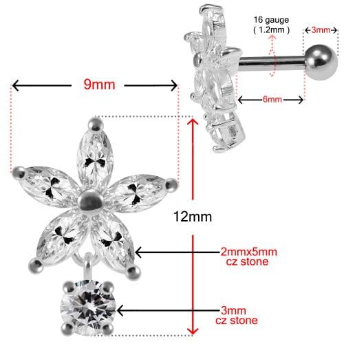925 Sterling Silver Jewelled Flower with Hanging Stone Cartilage Stud