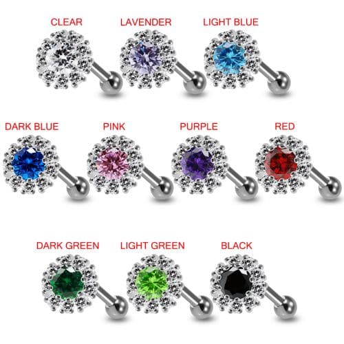 925 Sterling Silver Round CZ Jewelled Cartilage Helix Tragus Piercing Ear Stud