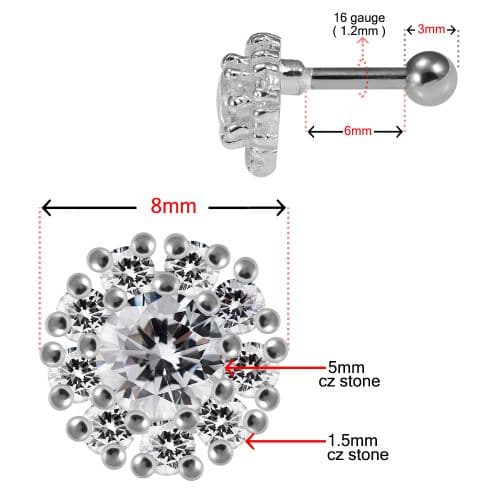 925 Sterling Silver Round CZ Jewelled Cartilage Helix Tragus Piercing Ear Stud