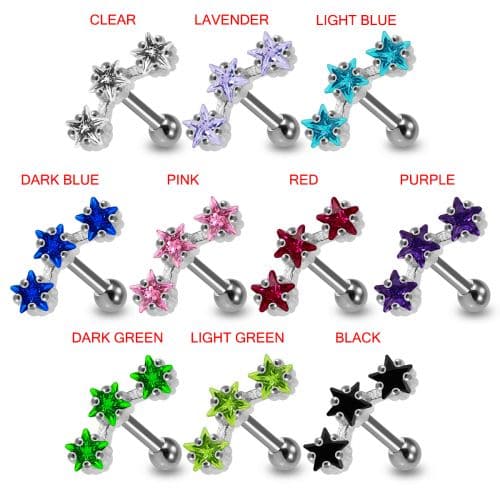 925 Sterling Silver Tri-Star Jewelled Cartilage Ear Stud