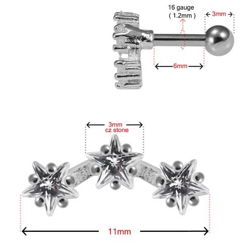 925 Sterling Silver Tri-Star Jewelled Cartilage Ear Stud