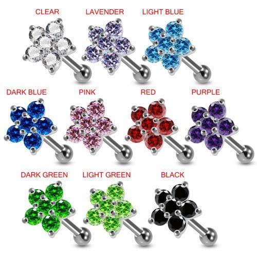 925 Sterling Silver CZ Jewelled Flower Cartilage Ear Stud