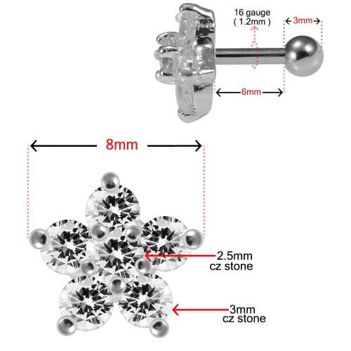 925 Sterling Silver CZ Jewelled Flower Cartilage Ear Stud